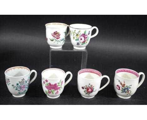 WORCESTER COFFEE CUP painted with flowers in a famille rose palette, 7cms high, also with a Worcester coffee cup with pink pe