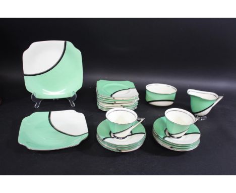 ROYAL DOULTON ART DECO TEA SET - DE LUXE an art deco tea set in green and white with narrow bands of silver and black, the cu