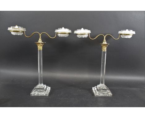 LARGE PAIR OF GLASS CANDLEABRA - CRICKLITE a large pair of glass candleabra, with octagonal shaped shaft, stepped base and cu