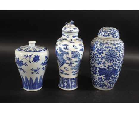 CHINESE BLUE &amp; WHITE JAR &amp; COVER a late 19thc baluster shaped jar, painted with a four claw Dragon and mythical bird 