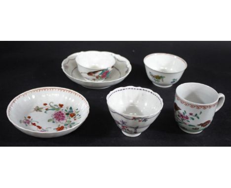 CHINESE PORCELAIN COFFEE CUP probably 18thc, in a variation of the Two Quail pattern, also with various tea bowls and saucers