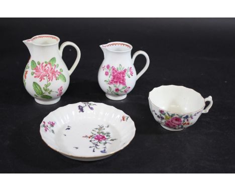 WORCESTER PORCELAIN including a sparrow beak jug painted with pink flowering peony and a red crows foot border to inside rim,