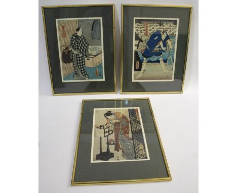 JAPANESE WOODBLOCK PRINTS Meiji period, three late 19thc coloured woodblock prints, each mounted and framed (frames 50cms by 