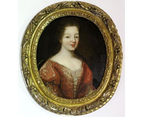 FOLLOWER OF HENRI GASCAR (1635-1701) PORTRAIT OF A LADY Quarter length, wearing a brocaded russet dress, oil on canvas laid o