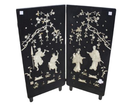 JAPANESE INLAID FOLDING SCREEN Meiji period, a two fold wooden screen inlaid in bone, ivory and mother of pearl, with depicti