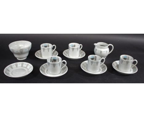 WEDGWOOD RAVILIOUS PART COFFEE SET - TRAVEL a part set comprising a milk jug and sugar bowl (bowl damaged), 5 coffee cans (1 