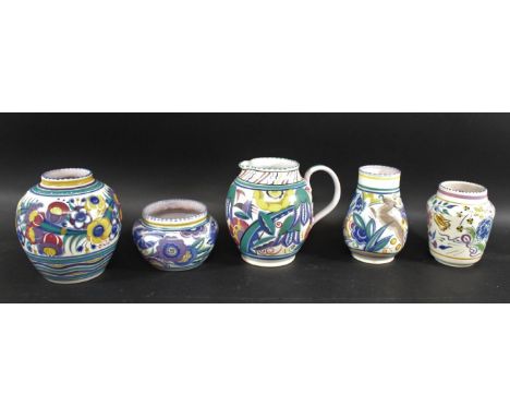 POOLE POTTERY including a jug painted with flowers and foliage, shape number 303 and painters mark for Eileen Prangnell (19cm