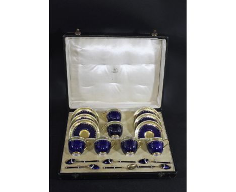 CASED ROYAL WORCESTER COFFEE SET, &amp; GILDED &amp; ENAMEL SPOONS - MAPPIN &amp; WEBB a lovely quality Viking Enamel set of 