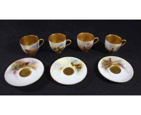 ROYAL WORCESTER SIGNED CABINET CUPS &amp; SAUCERS including a small cup and saucer signed by E Barker, both painted with shee