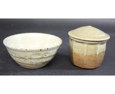 RICHARD BATTERHAM (1936-2021) - LIDDED JAR &amp; BOWL a small circular cut sided lidded jar with partial celadon glaze, unmar