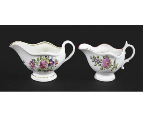 WORCESTER SAUCEBOAT of small size, with a gadrooned rim and foot and painted with colourful flowers, and with gilt line borde