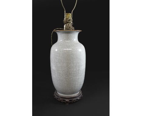 CHINESE CRACKLE GLAZE VASE/LAMP probably late 19thc, a large crackle glaze vase with light fitting inserted into the top of t