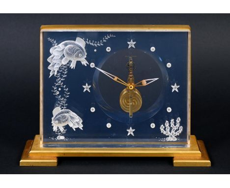 JAEGER LE COULTRE AQUARIUM CLOCK - MARINA a lucite and gilt brass cased clock, designed with fish and aquatic plants, the dia