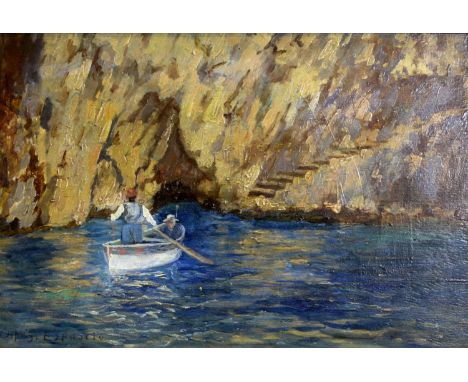 GAETANO ESPOSITO (1858-1911) GROTTA AZZURRA, CAPRI Signed and inscribed Capri, oil on thin panel 19 x 28.5cm. ++ Needs a ligh