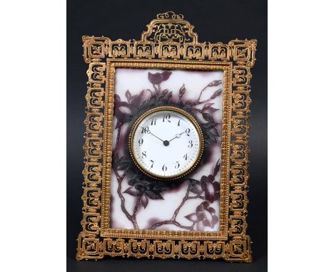 FRENCH CAMEO GLASS &amp; BRASS CLOCK a brass strut clock with a pierced frame, with a white enamel dial surrounded by a cameo