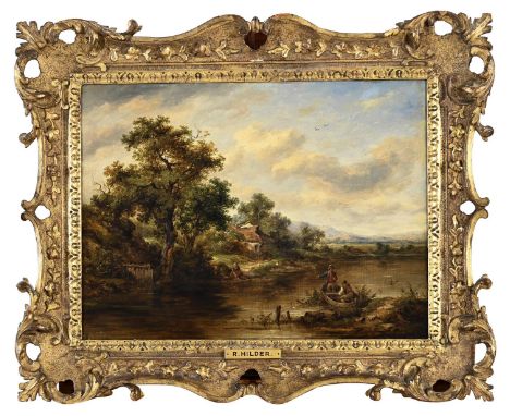 RICHARD HILDER (1813-1852) LANDSCAPE: FIGURES FISHING IN RIVER Signed, oil on canvas, carved wood gilt frame 30 x 40cm. Prove
