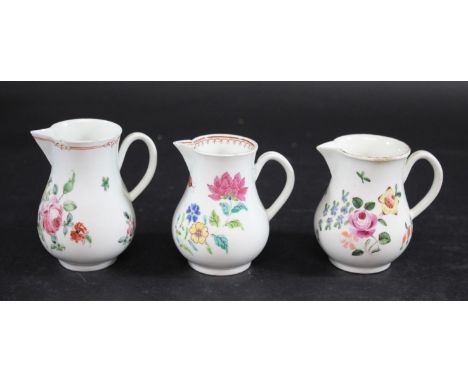 18THC WORCESTER SPARROW BEAK JUG painted in a famille rose palette with flowers and a ladybird, 8cms high. Also with a Worces