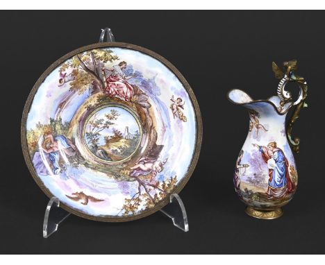 VIENNESE MINIATURE ENAMEL JUG &amp; SAUCER a small enamel jug and saucer, each painted with a mythological scene and with an 