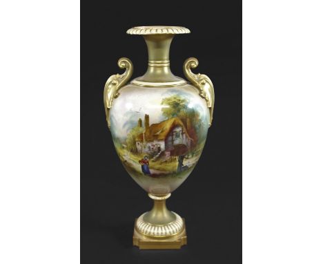 ROYAL WORCESTER SIGNED VASE - ARTHUR LEWIS a large pedestal vase with gilded handles, painted on one side with a figure walki