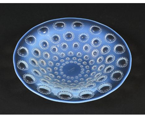 LALIQUE BOWL - ASTERS an opalescent bowl with repeating bands of flower heads, signed to the base R LALIQUE, France. 25cms di