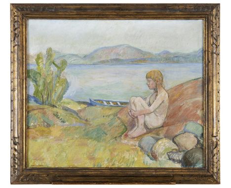 OLUF WOLD-TORNE (1867-1919) GIRL SEATED BY A LAKE Signed, oil on canvas 59 x 70.5cm. Provenance: Purchased in the early part 