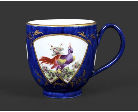 WORCESTER COFFEE CUP painted with colourful birds within fan shaped gilt edged panels, with insects in smaller panels and res