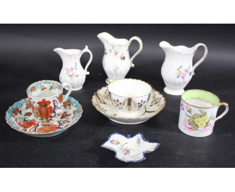 VARIOUS 18THC PORCELAIN including a Worcester jug of fluted form with high handle and painted with flowers (handle restored a