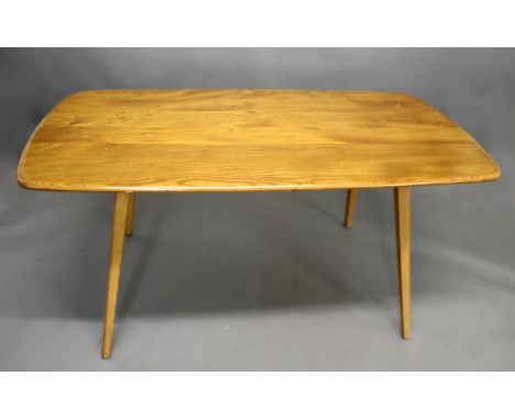 ERCOL DINING TABLE, TABLE EXTENSION &amp; DINING CHAIRS a rectangular shaped dining table with rounded corners, with a light 