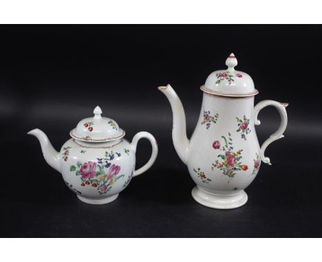 LIVERPOOL COFFEE POT &amp; COVER with elaborate double scroll handle, the domed cover with pointed finial, painted with spray