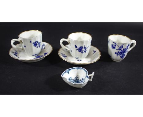 18THC WORCESTER CUPS &amp; SAUCERS first period, 3 fluted tea cups and 2 saucers, circa 1770 and painted with dry blue floral