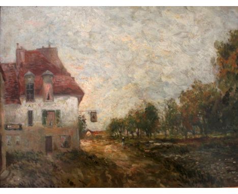 MANNER OF ALFRED SISLEY (1839-1899) LANDSCAPE SCENE WITH A FIGURE BY AN INN Bears a signature, oil on panel 33 x 43.5cm. * Th