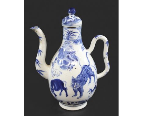 CHINESE BLUE &amp; WHITE PORCELAIN JUG &amp; LID late 19thc but in the Kangxi style, painted with a variety of animals includ