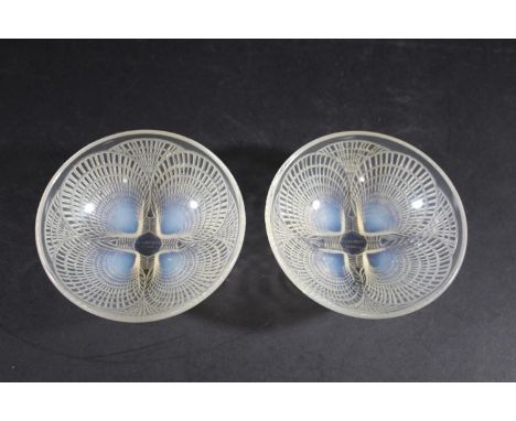 PAIR OF LALIQUE BOWLS - COQUILLES a small pair of opalescent glass bowls in the Coquilles, 13cms diameter. Both with etched m