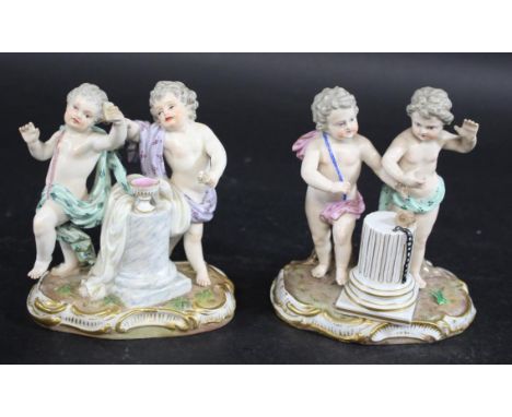 TWO MEISSEN CHERUB GROUPS two 19thc groups including a group of two cherubs next to a column, with incised model no (difficul