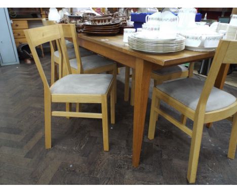Large light oak dining table 8'6 x 3'3 and eight light oak dining chairs with upholstered seats