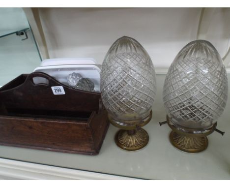 a near pair of brass and cut glass light fittings, decanter stopper s and a knife box