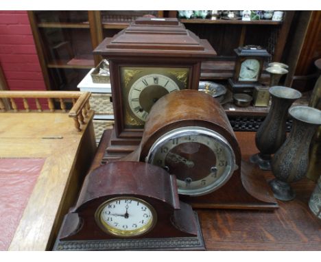 Walnut bracket clock, oak mantel clock and a mahogany clock