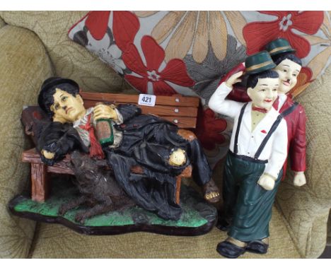 Laurel and Hardy figure, tramp on a bench, tennis player figurines etc
