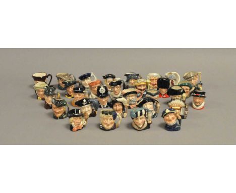 A collection of miniature Royal Doulton character jugs including 'Anne of Cleves', 'Capt Ahab', 'Rip Van Winkle', 'The Lawyer