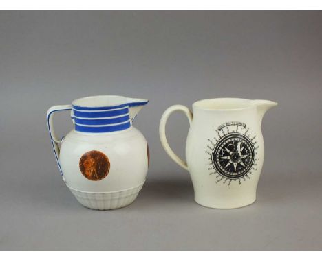 A Liverpool pearlware jug, probably Herculaneum circa 1800-10, printed with roundels of a knight, angel and trumpeter, 13.5cm