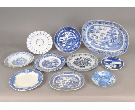 A mixed collection of blue and white plates, 19th/20th century including 'Willow' pattern, Spode 'Italian', flow blue, Japane