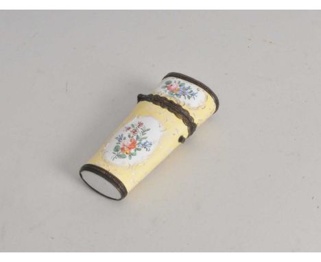 A Bilston enamel etui, of typical form with white florally decorated panels on yellow ground, with hinged cover enclosing six