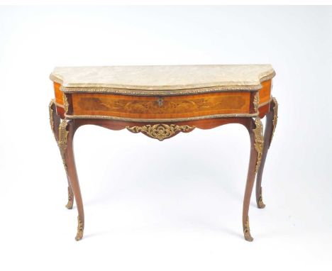 A Louis XV style marble-topped hall or console table, the shaped top above a single serpentine drawer, decorated with foliate