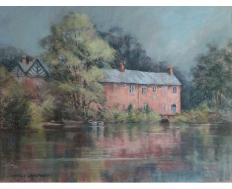 Wilfred E Langford (British 20th-21st Century), River Scene, Shrewsbury, pastel, signed bottom left, mounted and framed. Meas