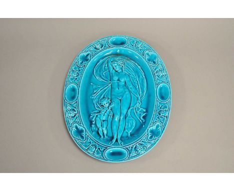 A mixed group of ceramics late 19th/20th century to include a Mintons oval turquoise majolica figural platter, dated 1876, 36