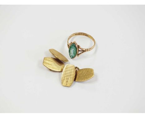 A pair of 9ct gold cufflinks, weight approx 6.1g, together with a 9ct gold cameo ring, silver fobs, a silver bracelet with at