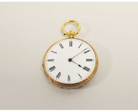 A yellow metal open face pocket watch, stamped K18, the white enamel dial with black roman numerals, lacking glass