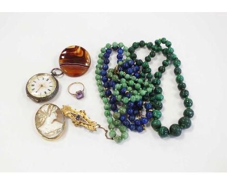 A 9ct god Victorian bar brooch, together with a yellow metal mounted cameo brooch stamped '9ct', a single stone amethyst ring