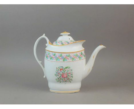 A Herculaneum Liverpool coffee pot and cover circa 1815 of new oval shape, painted with enamel flowers, painted pattern numbe