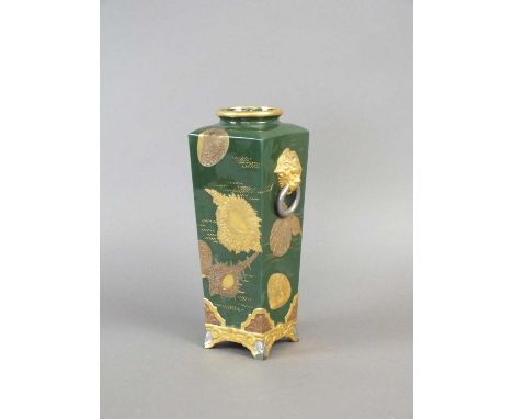 A Royal Worcester Aesthetic movement vase dated 1878 of high shouldered rectangular form with twin lion mask ring handles, ra